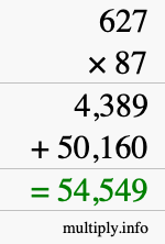 How to calculate 627 times 87 using long multiplication