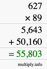 How to calculate 627 times 89 using long multiplication