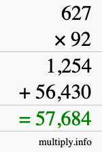 How to calculate 627 times 92 using long multiplication