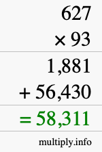 How to calculate 627 times 93 using long multiplication