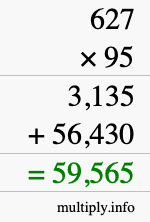 How to calculate 627 times 95 using long multiplication