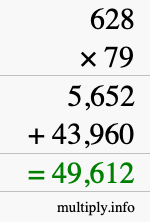 How to calculate 628 times 79 using long multiplication