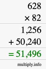 How to calculate 628 times 82 using long multiplication