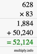 How to calculate 628 times 83 using long multiplication