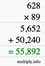 How to calculate 628 times 89 using long multiplication