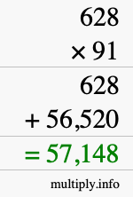 How to calculate 628 times 91 using long multiplication