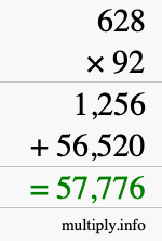 How to calculate 628 times 92 using long multiplication