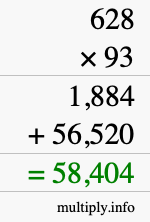 How to calculate 628 times 93 using long multiplication