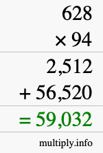 How to calculate 628 times 94 using long multiplication