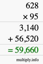 How to calculate 628 times 95 using long multiplication