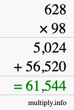 How to calculate 628 times 98 using long multiplication