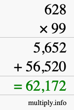 How to calculate 628 times 99 using long multiplication