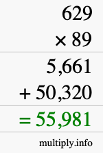 How to calculate 629 times 89 using long multiplication