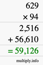 How to calculate 629 times 94 using long multiplication