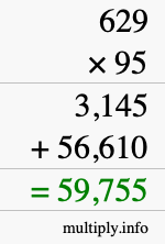 How to calculate 629 times 95 using long multiplication
