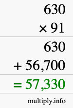 How to calculate 630 times 91 using long multiplication