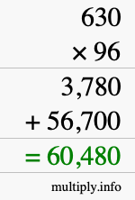 How to calculate 630 times 96 using long multiplication