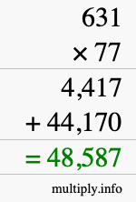 How to calculate 631 times 77 using long multiplication