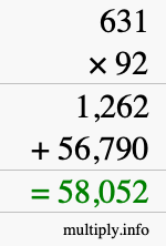How to calculate 631 times 92 using long multiplication