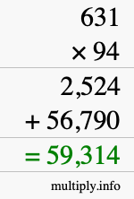 How to calculate 631 times 94 using long multiplication