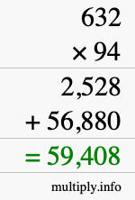 How to calculate 632 times 94 using long multiplication