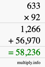 How to calculate 633 times 92 using long multiplication