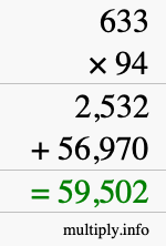 How to calculate 633 times 94 using long multiplication