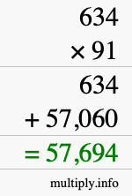How to calculate 634 times 91 using long multiplication