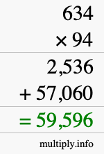 How to calculate 634 times 94 using long multiplication