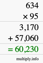 How to calculate 634 times 95 using long multiplication