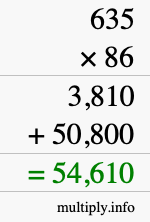How to calculate 635 times 86 using long multiplication