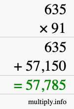 How to calculate 635 times 91 using long multiplication