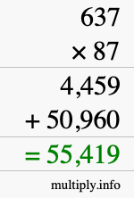 How to calculate 637 times 87 using long multiplication