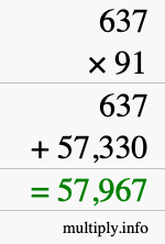 How to calculate 637 times 91 using long multiplication