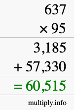 How to calculate 637 times 95 using long multiplication