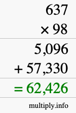 How to calculate 637 times 98 using long multiplication