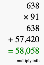 How to calculate 638 times 91 using long multiplication