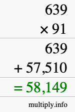 How to calculate 639 times 91 using long multiplication