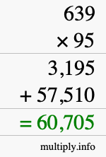 How to calculate 639 times 95 using long multiplication