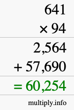 How to calculate 641 times 94 using long multiplication