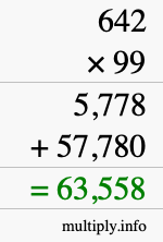 How to calculate 642 times 99 using long multiplication