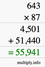 How to calculate 643 times 87 using long multiplication