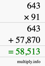 How to calculate 643 times 91 using long multiplication