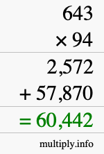 How to calculate 643 times 94 using long multiplication