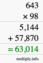 How to calculate 643 times 98 using long multiplication