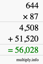 How to calculate 644 times 87 using long multiplication