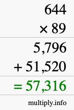 How to calculate 644 times 89 using long multiplication