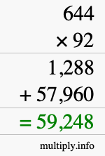 How to calculate 644 times 92 using long multiplication