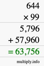How to calculate 644 times 99 using long multiplication