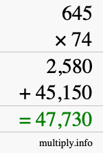 How to calculate 645 times 74 using long multiplication